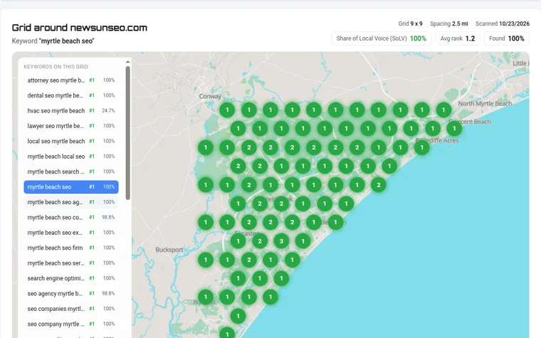 SEOScanPRO GEO grid: where a business ranks on Google Maps across its service area