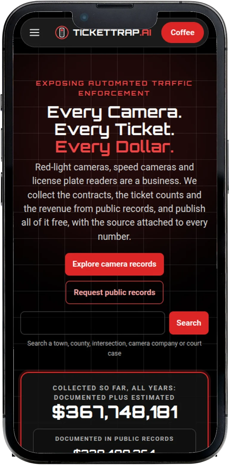 TicketTrap.ai website design shown on a smartphone screen